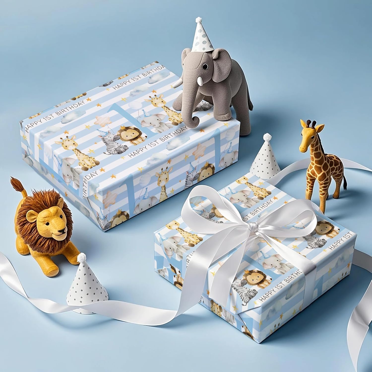 Baby Boy 1St Birthday Wrapping Paper - Mini Roll - 17 Inch X 16.5 Feet - Baby Blue Adorable Jungle Animal Wrapping Paper Perfect For Kids Girls Birthday
