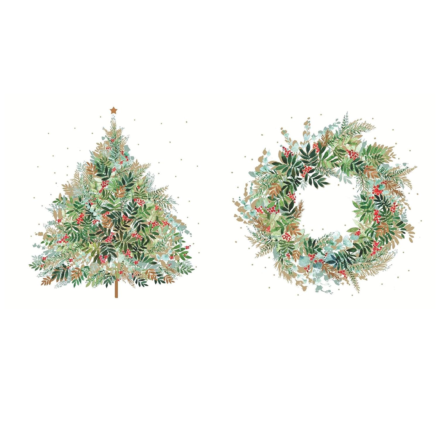 Christmas Hill Tree And Christmas Tree Wreath Party Napkins - 40 Count | 2 Packs Of 20Ct Cocktail Napkins | 5" X 5" | Soft 3-Ply Paper | Made In Germany