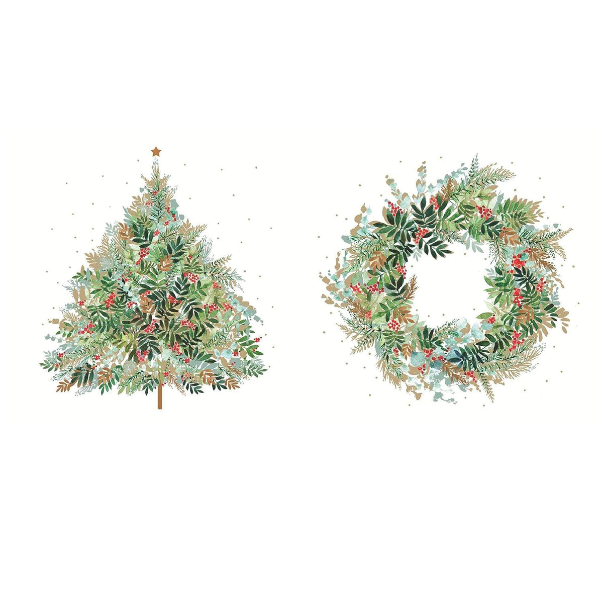 Christmas Hill Tree And Christmas Tree Wreath Party Napkins - 40 Count | 2 Packs Of 20Ct Cocktail Napkins | 5" X 5" | Soft 3-Ply Paper | Made In Germany