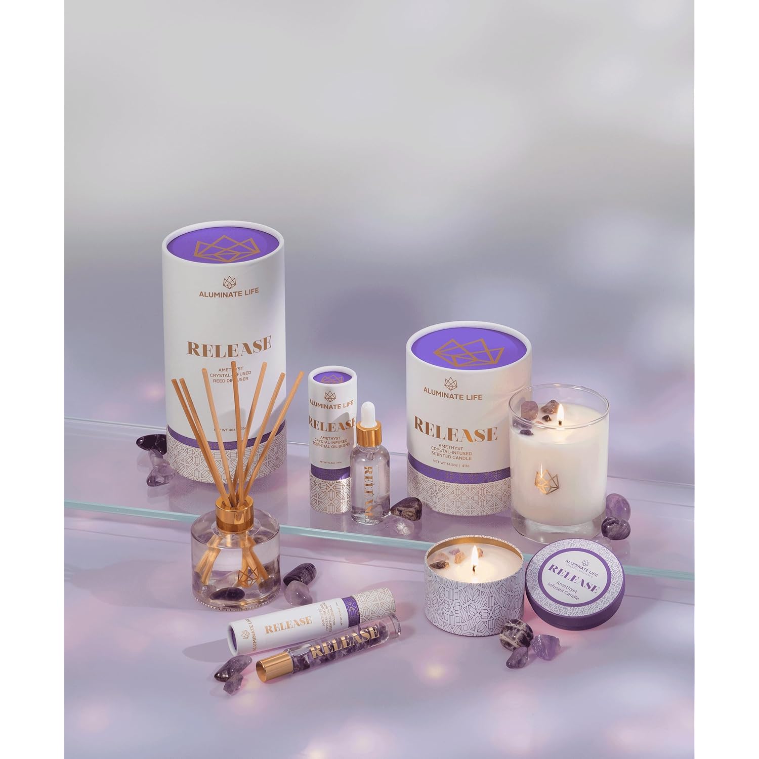 – Release Crystal-Infused Scented Candle With Healing Amethyst & Lavender Essential Oils, Hand-Poured Premium Coconut Wax, Luxury Gift, 6 Oz