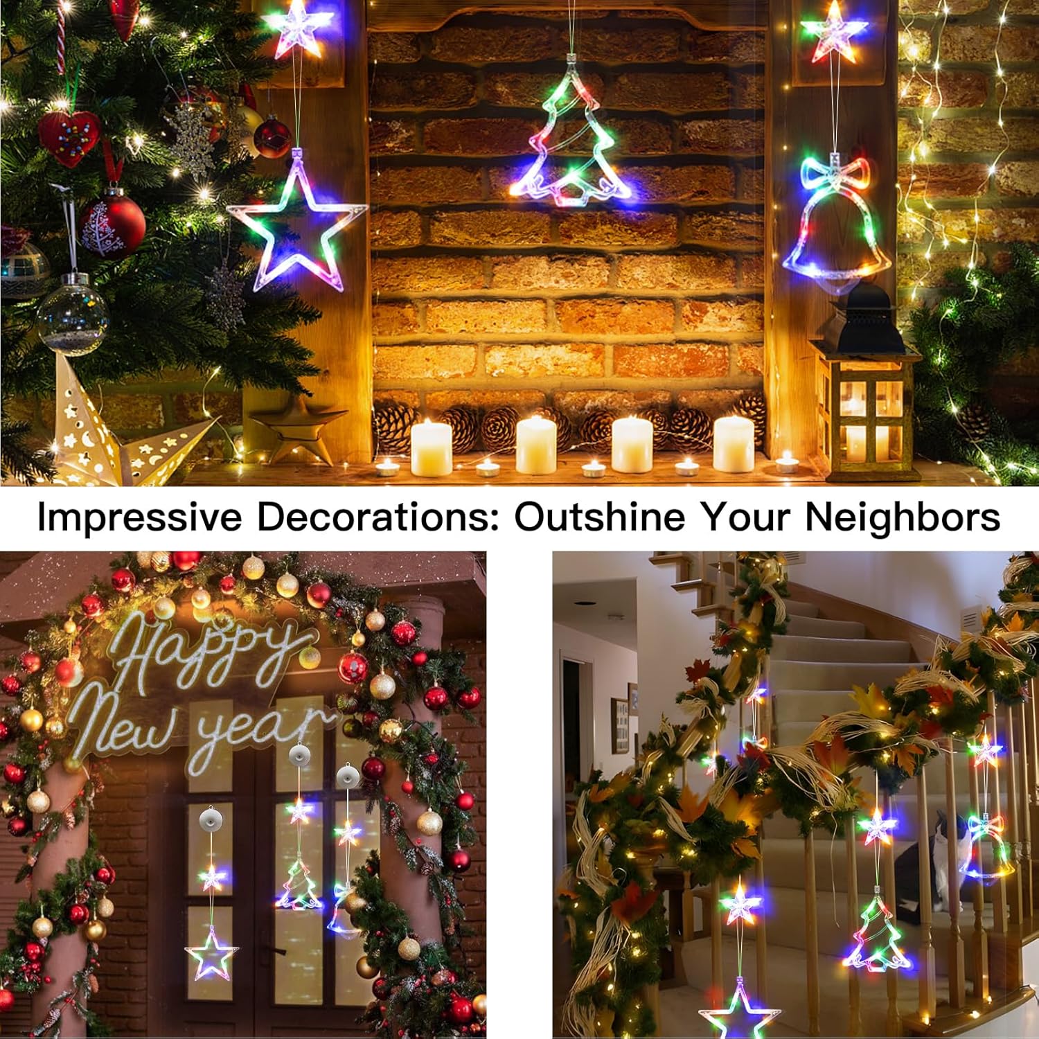 Christmas Window Lights Decorations, 3Pcs Tree-Jingle Bell-Star Shaped Xmas Lights Battery Powered With Suction Cups & T