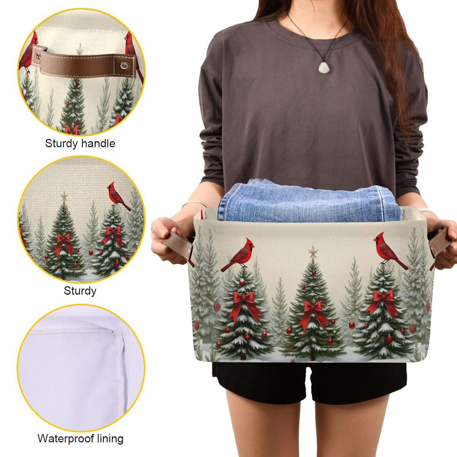 Christmas Tree Cardinals Birds Storage Basket With Waterproof Liner And Pu Handles Winter Xmas Tree Bow Storage Bins Boxes 14.2" Collapsible Decorative Organizer Baskets For Bedroom Office 1 Pack