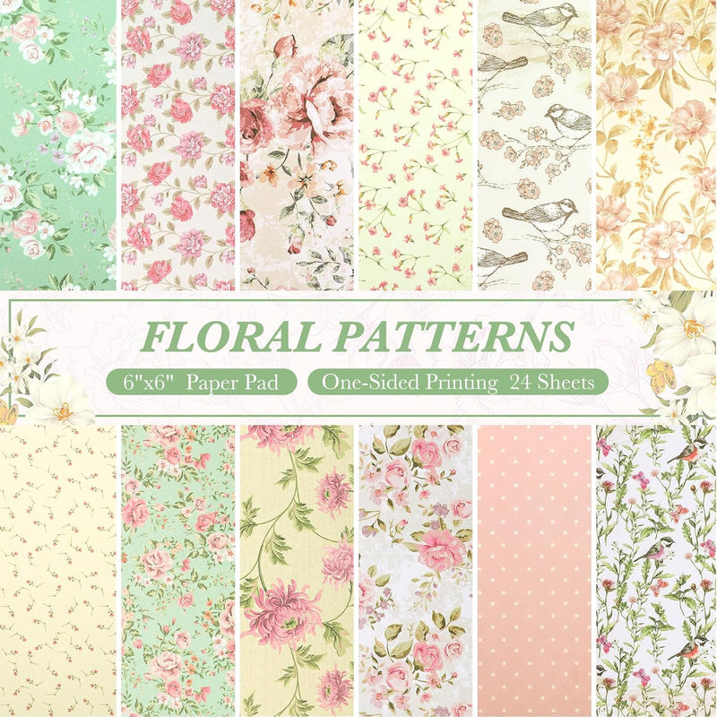 6 Inch Flower Scrapbook Papers, 24 Sheets Floral Plant Dots Pattern Cardstock