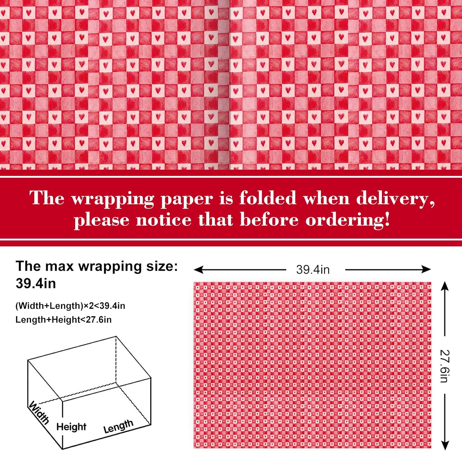 6 Sheets Valentine'S Day Wrapping Paper -Not Roll- Red Plaid Heart Gift Wrap Paper Folded Flat Craft Paper For Wedding Anniversary Party Supplies, 27.6 X 39.4 Inch