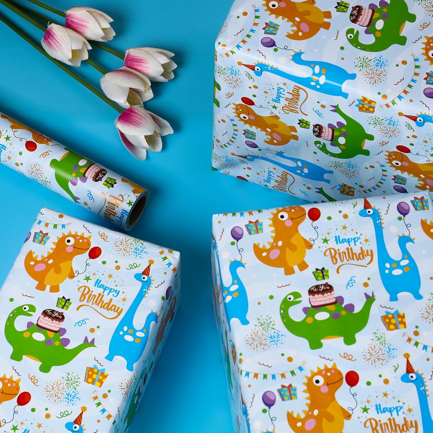 Dinosaur Wrapping Paper Roll 17 Inch X 60 Ft Per Roll, Cute Blue Green Dinosaurs Happy Birthday Wrapping Paper For Boys Kids, Gift Wrap Paper Happy Bday Wrap Dinosaur Parties, Baby Showers