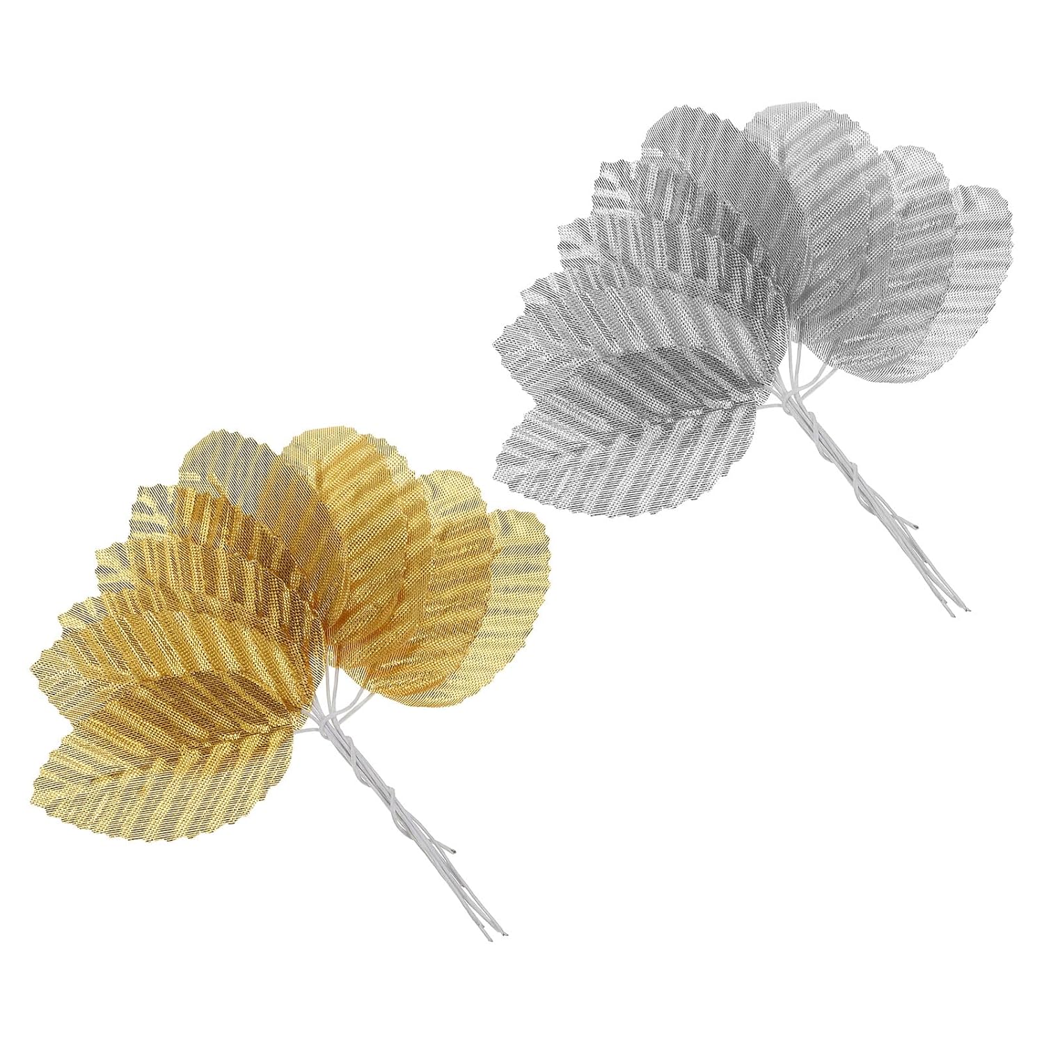 4.3" Artificial Silk Leaf, 200 Pcs Artificial Leaves Stems Fake Leaves Bulk Fake Rose Wire Crafts For Home Office Decor, Gold Silver