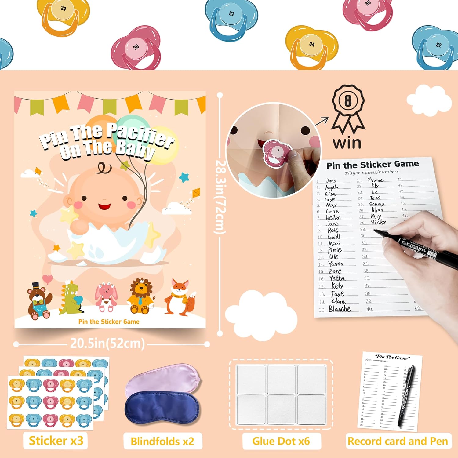Baby Shower Games Party Favors, Pin The Pacifier On The Baby Games, Babyshower Favors Birthday Party Supplies For Girl Boy - 48 Guests