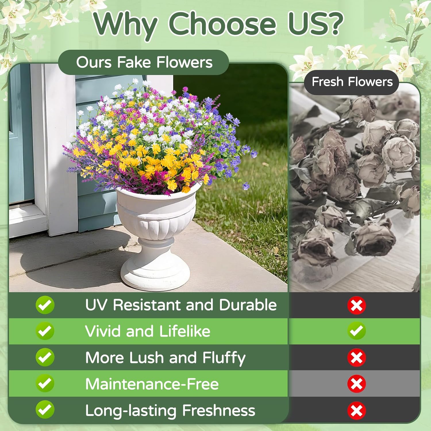 12 Bundles Uv Resistant Artificial Flowers, Bendable Stems, Outdoor Fade Proof Mixed Bouquet Fake Plastic Plants Faux Camellia Eucalyptus Lavender For Garden Patio Window Box Decor