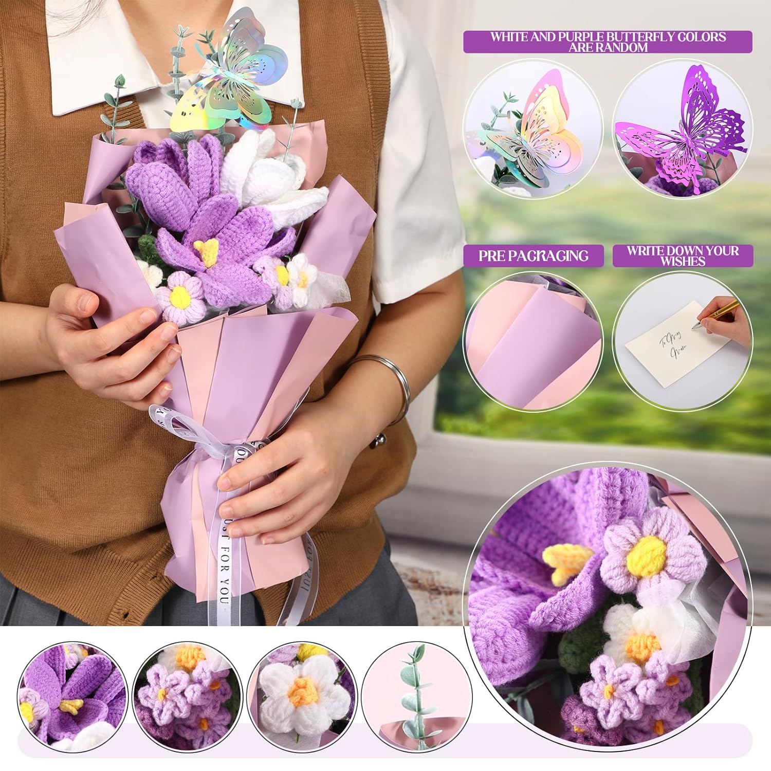 Crochet Flowers Bouquet Valentines Handmade Tulips Knitted Flowers With Butterfly Card For Wife Lover Anniversary Birthday Mother'S Day Teacher Coworker Office(Purple)