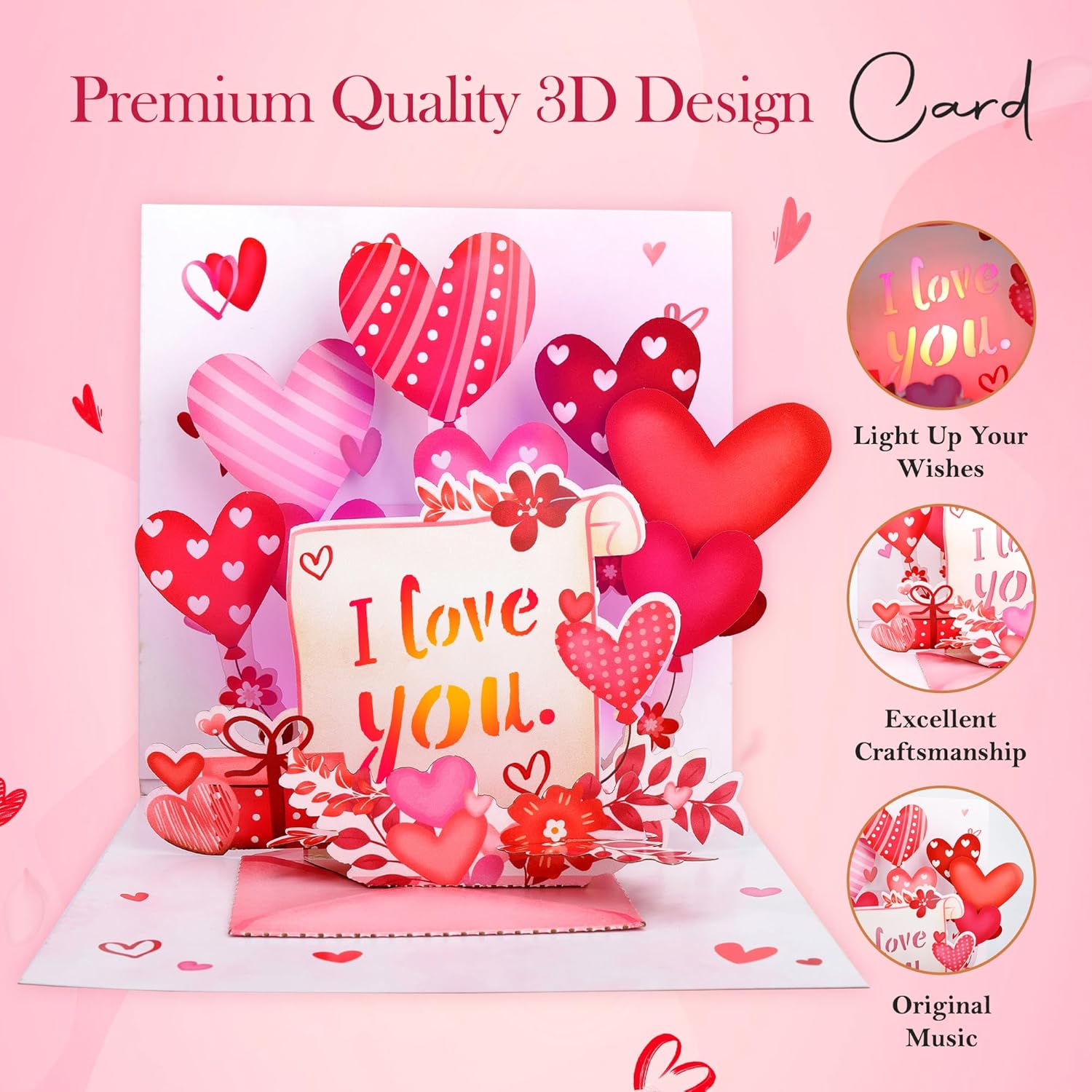 3D I Love You Card - Popup Musical Cards With Light Up- Romantic Greeting Card - Anniversary, Birthday Or Special Occasion - Blank Note Card & Envelope Included - Pop Up Cards