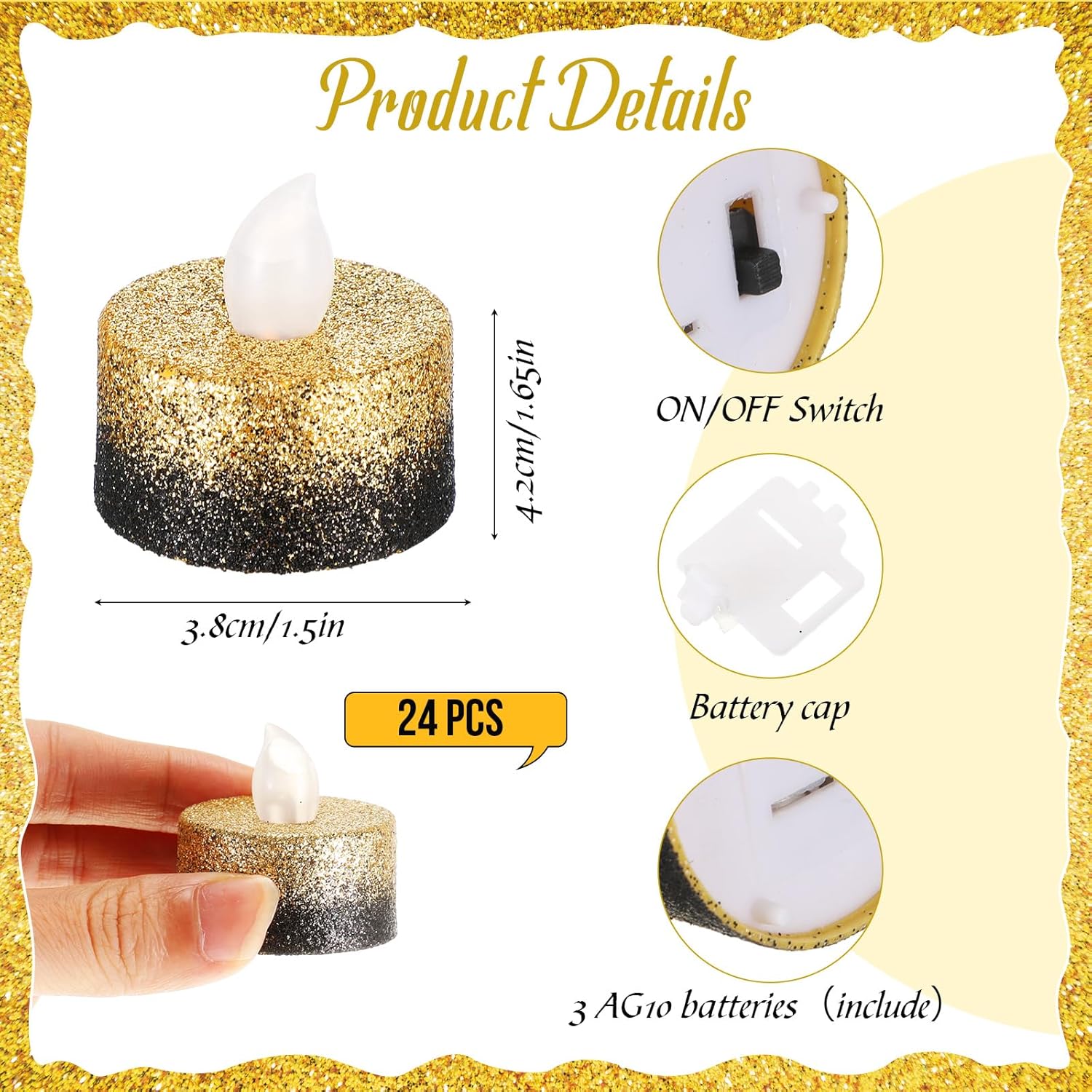 24 Pcs Flameless Led Tea Lights Gold Black Glitter Flickering Fake Led Candles Tealights Battery Operated Romantic Anniversary Decorations Winter Decor For Valentines Wedding Christmas Party