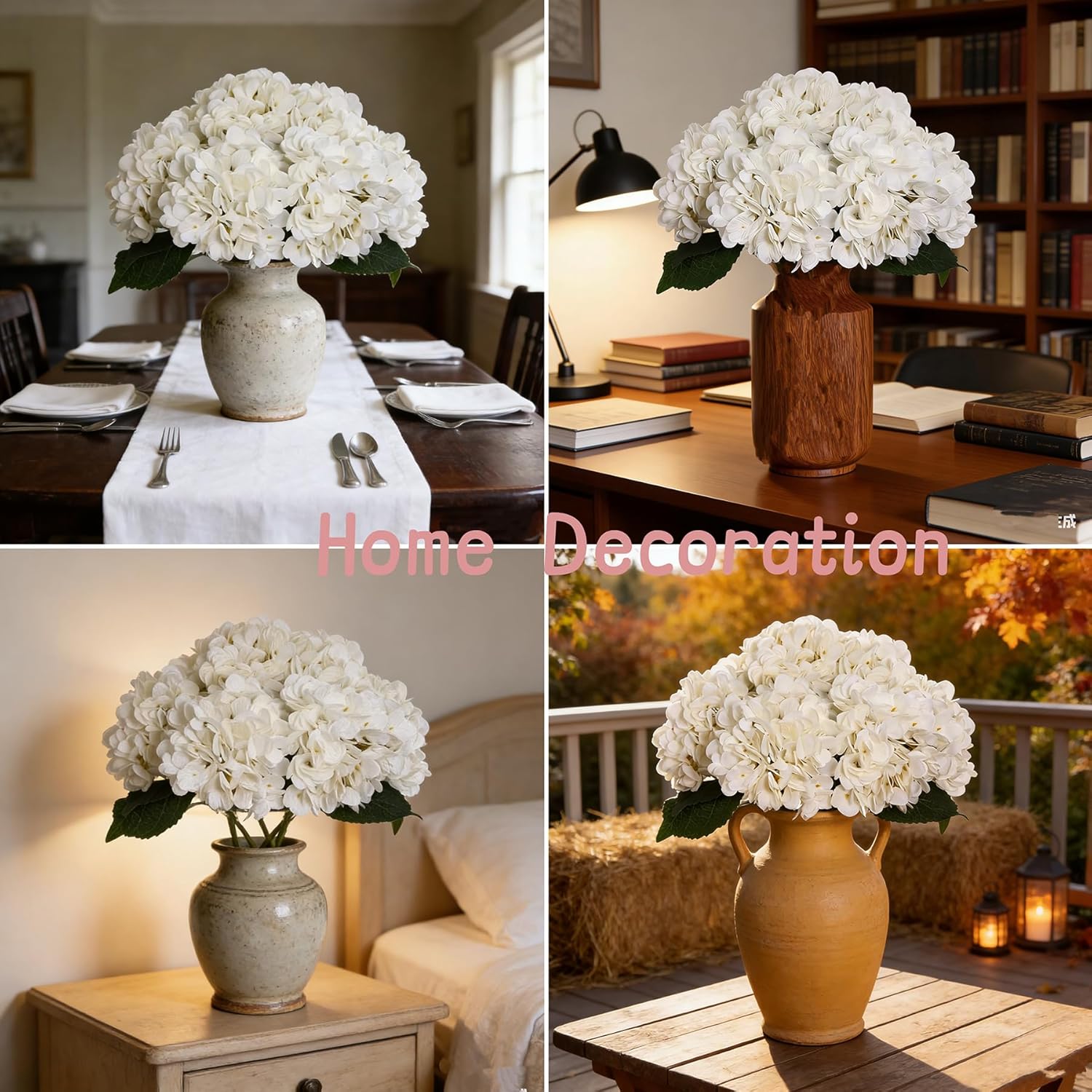 6Pcs Faux White Hydrangeas Fake Flowers Artificial Silk Hydrangea Flower With Stems Bouquets Arrangement For Home Table Centerpieces Wedding Baby Shower Birthday Party Decoration(White)