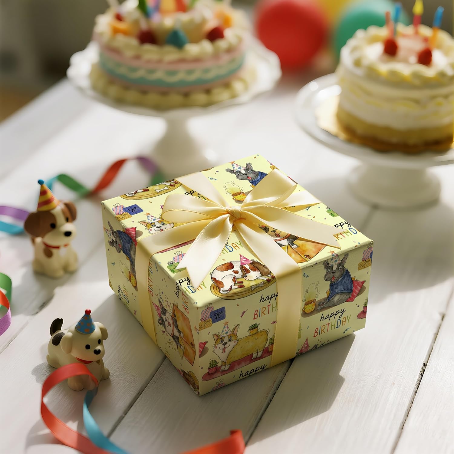 Dog Birthday Wrapping Paper Roll, Cute Party Dog Happy Birthday Cake In Light Yellow Gift Wrap For Pet Lovers, Kids Celebration, Mini Roll 17 In X 16.4 Feet