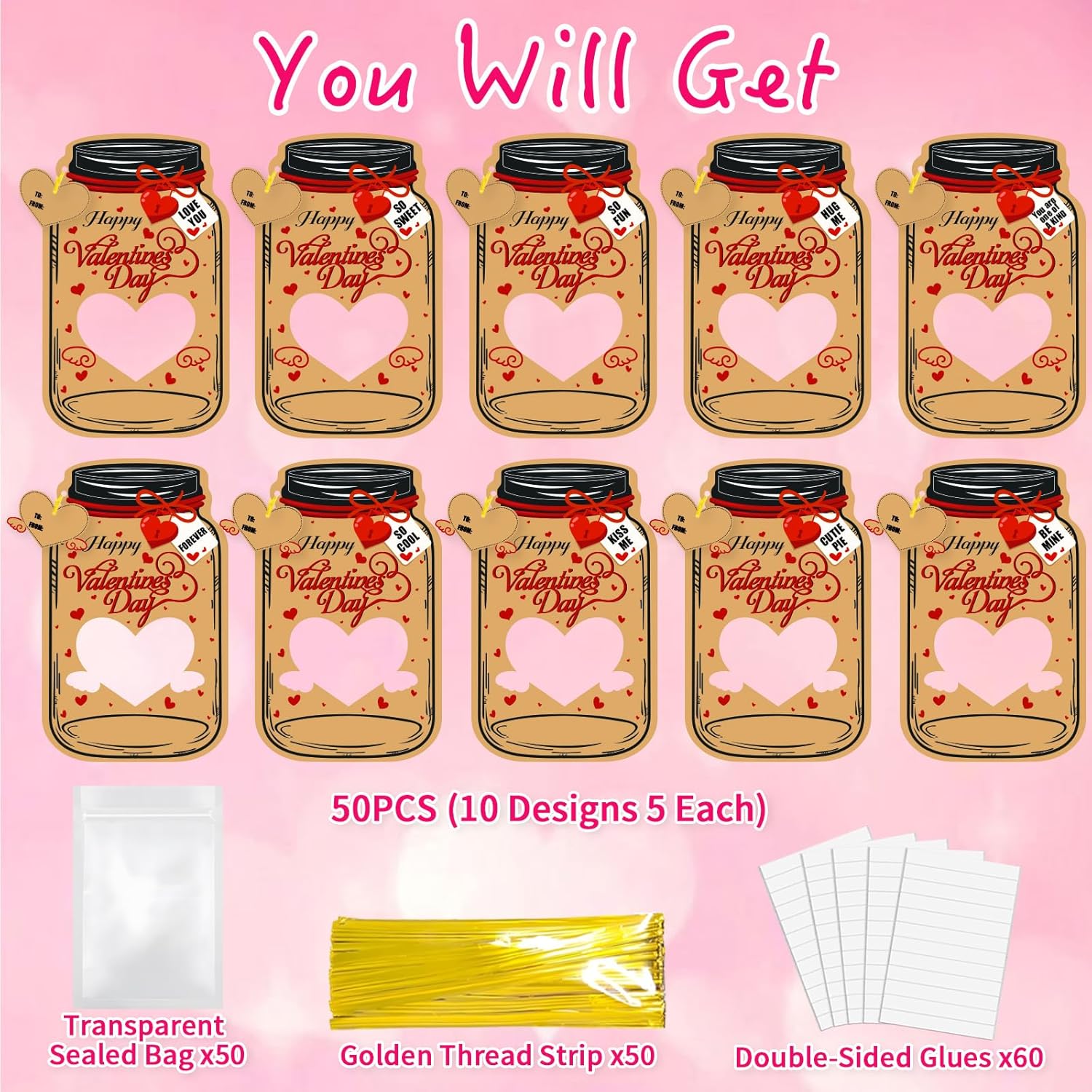 Valentines Day Cards For Kids, 50 Pack Bulk Mason Jar Valentines Day Candy Gift Exchange Cards For Boys Girls Classroom School Party Favors(Candy Not Included)