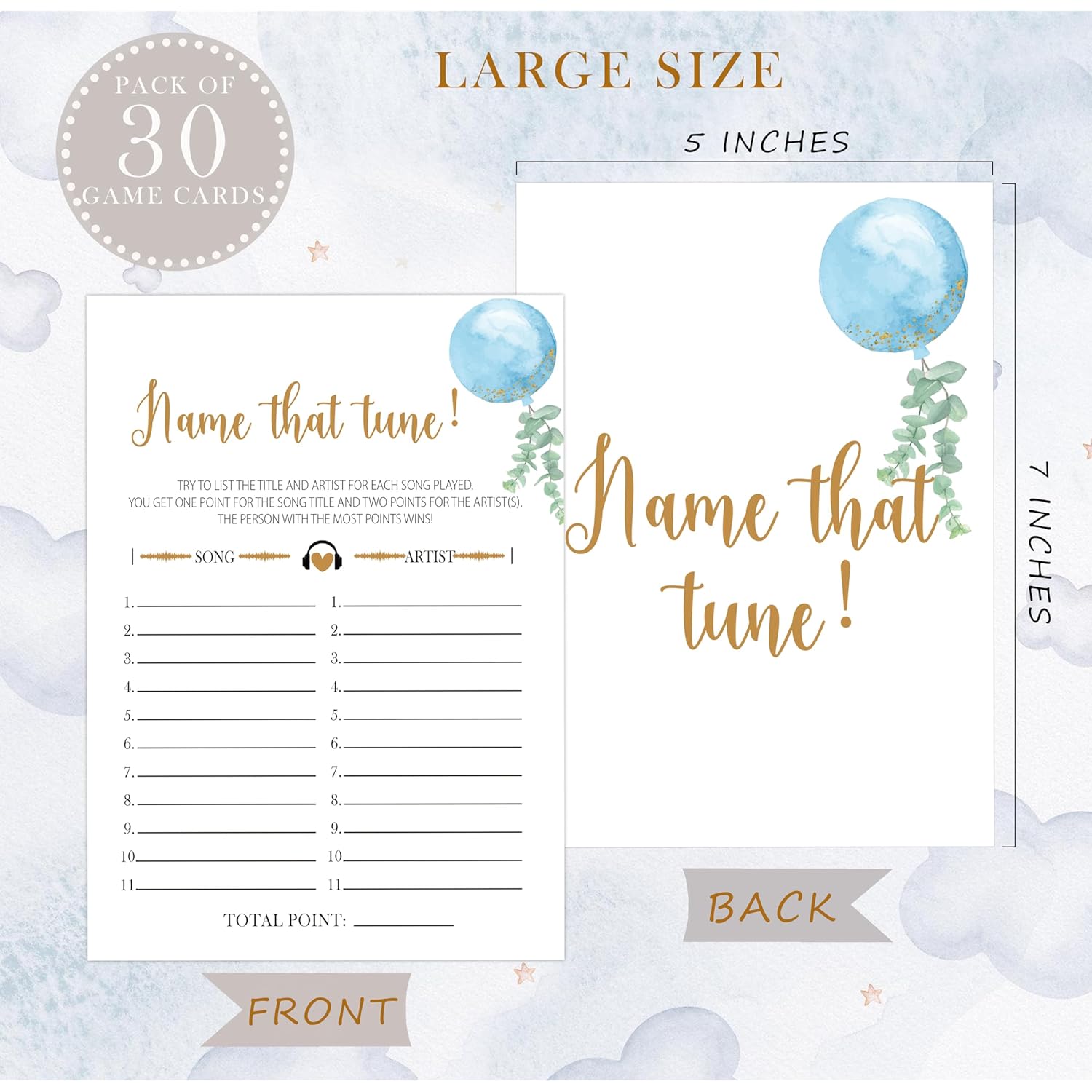 Blue Balloon Name That Tune Game, Pack Of 30 Game Cards, Baby Shower Game, Gender Neutral Boy Or Girl, Fun Baby Game And Activity - Gn42