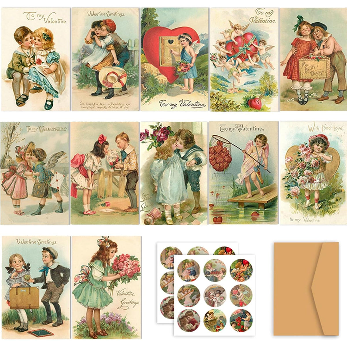 24Pcs Vintage Valentines Day Cards With Kraft Paper Envelopes And Stickers Retro Couple Valentine'S Day Greeting Cards For Classroom Exchange Wedding Engagement Anniversary