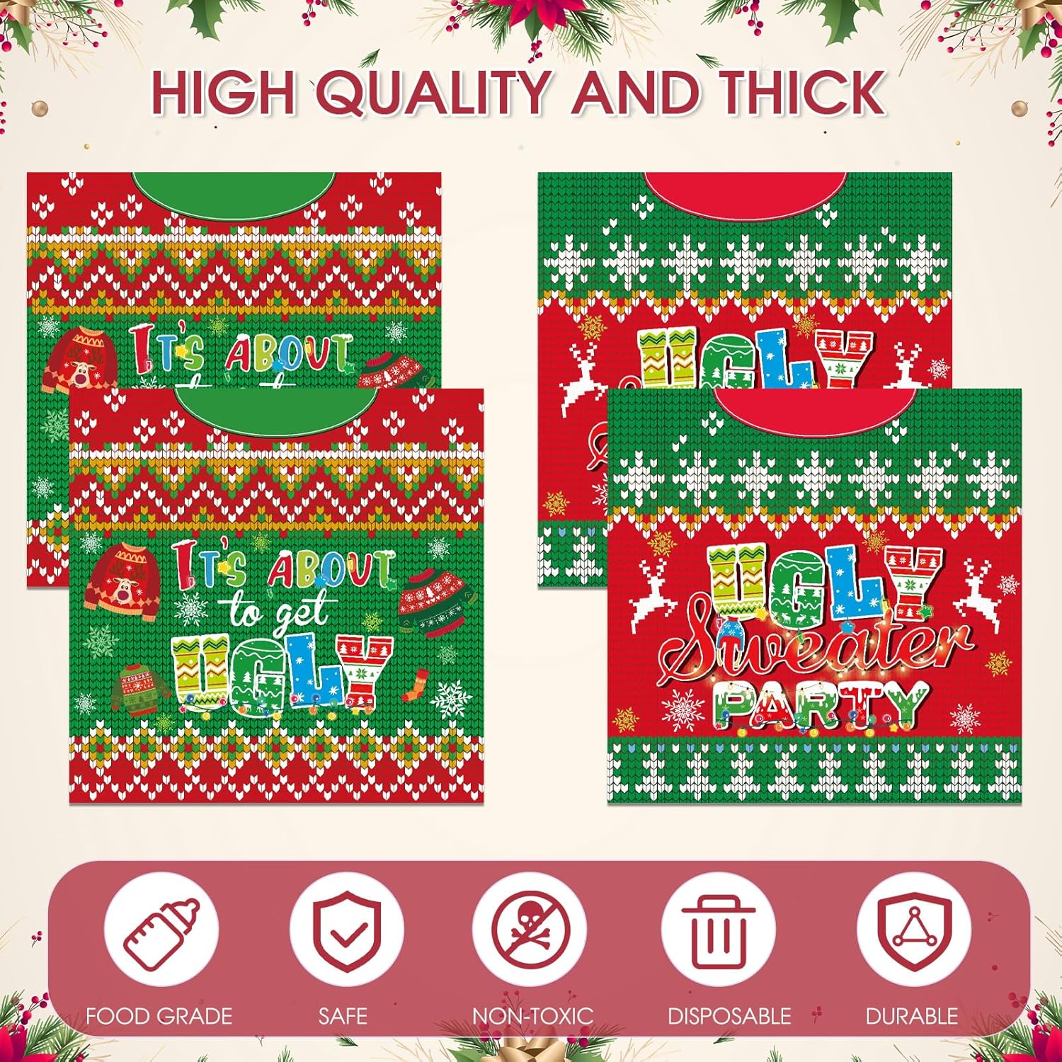 100Pcs Merry Christmas Ugly Sweater Napkins Disposable, 6.5 X 6.5 Inches Red Green Tacky Sweater Xmas Party Decoration Paper Napkins For Christmas Holiday Family Gatherings Home Office Decor