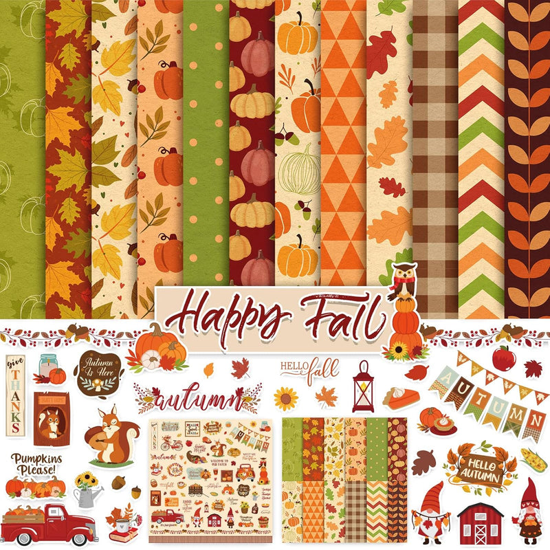 24Pcs Fall Pattern Paper With Stickers 12 Design Double-Sided Autumn Scrapbook