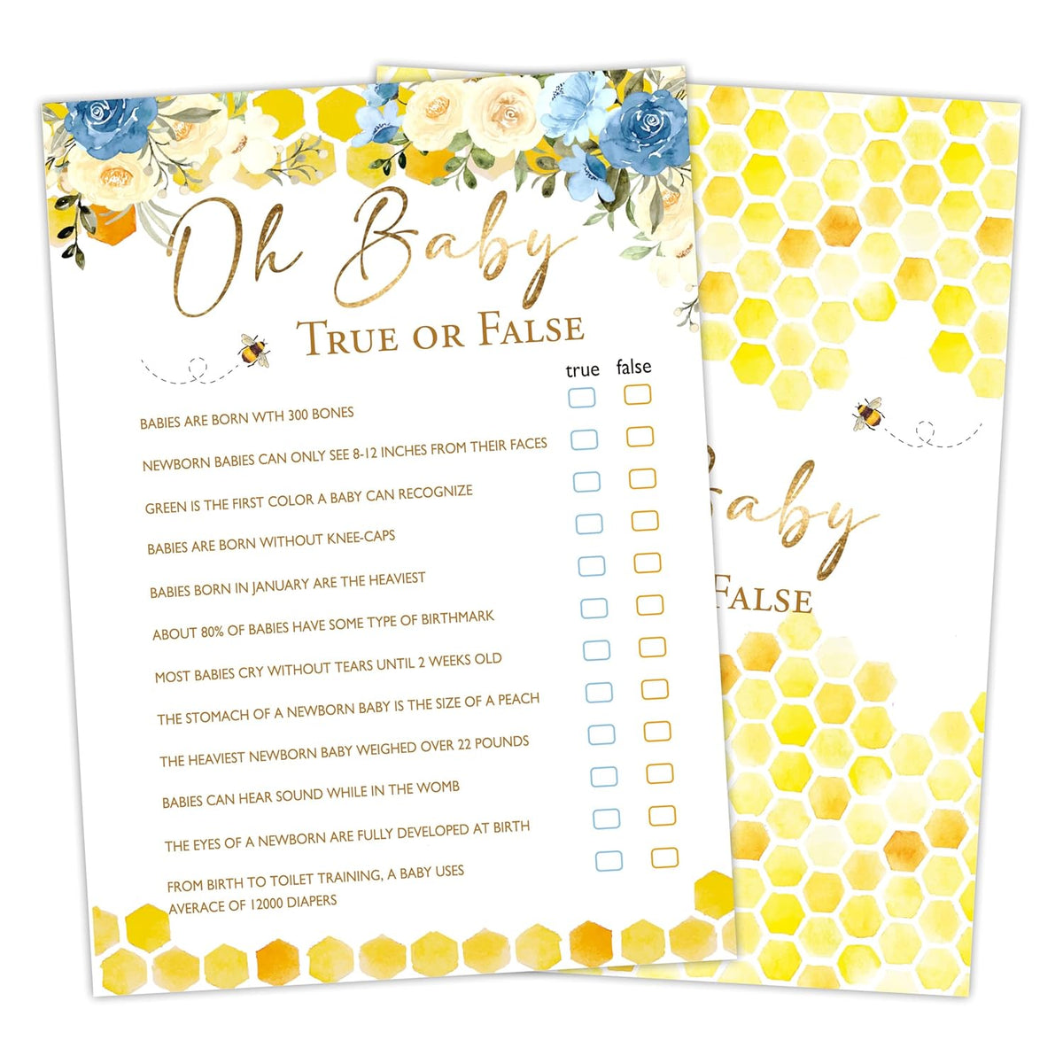 Baby Game Cards, Bee Themed Oh Baby True Or False Game Kit, Floral Gender Reveal Party Supplies Favors, Honeycomb Bee Baby Shower Activity Decoration, Baby Shower Gifts, 25 Game Cards Included, A04