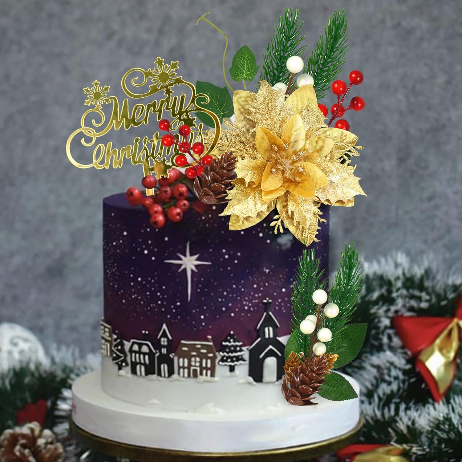 Merry Christmas Cake Topper With Artificial Pine Needles, Cones, And Berries For Theme Party Decorations Supplies