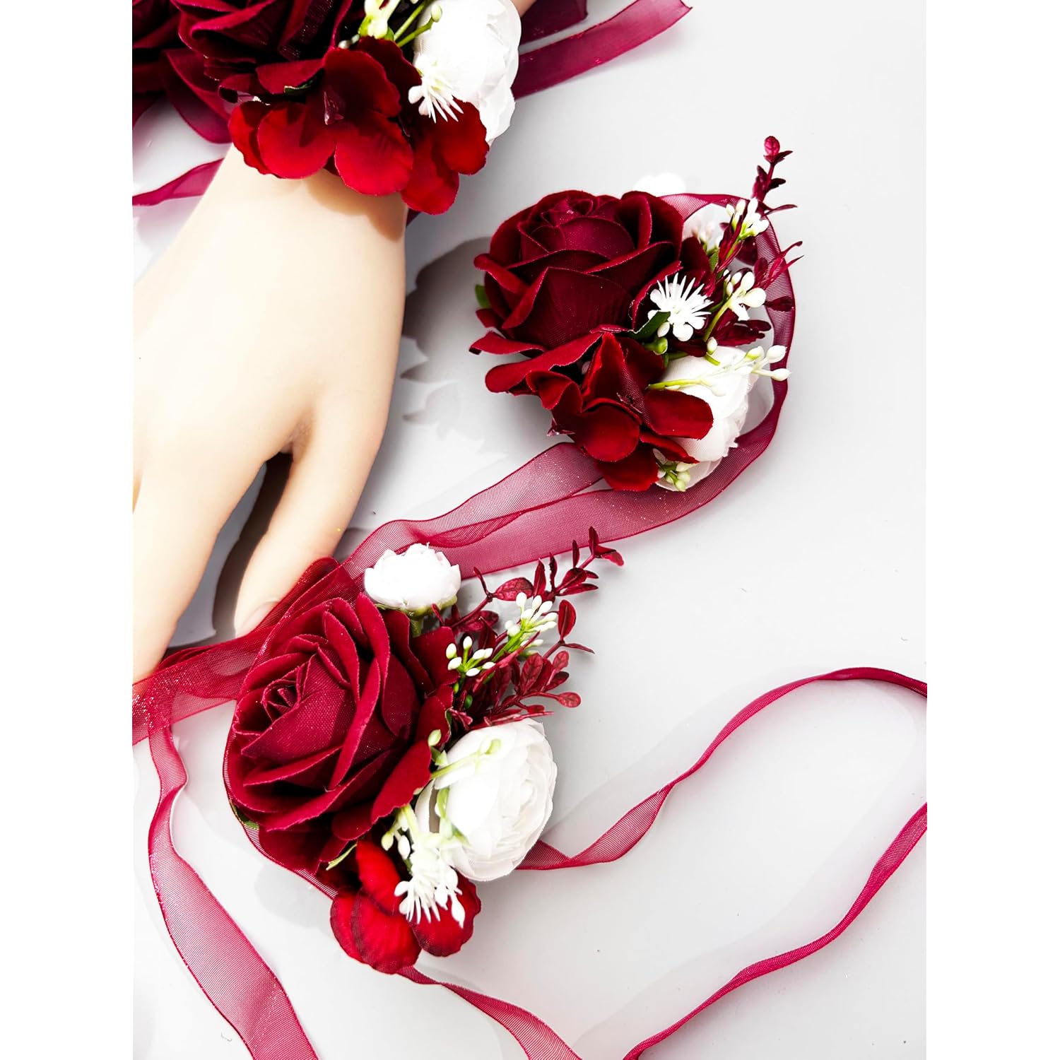 6Pcs/Lot Artificial Rose Flowers Groom Boutonniere Bride Wrist Corsage Bridesmaid Sister Women Hand Flower Wedding Flowers Party Decoration (Burgundy Wrist Corsage)