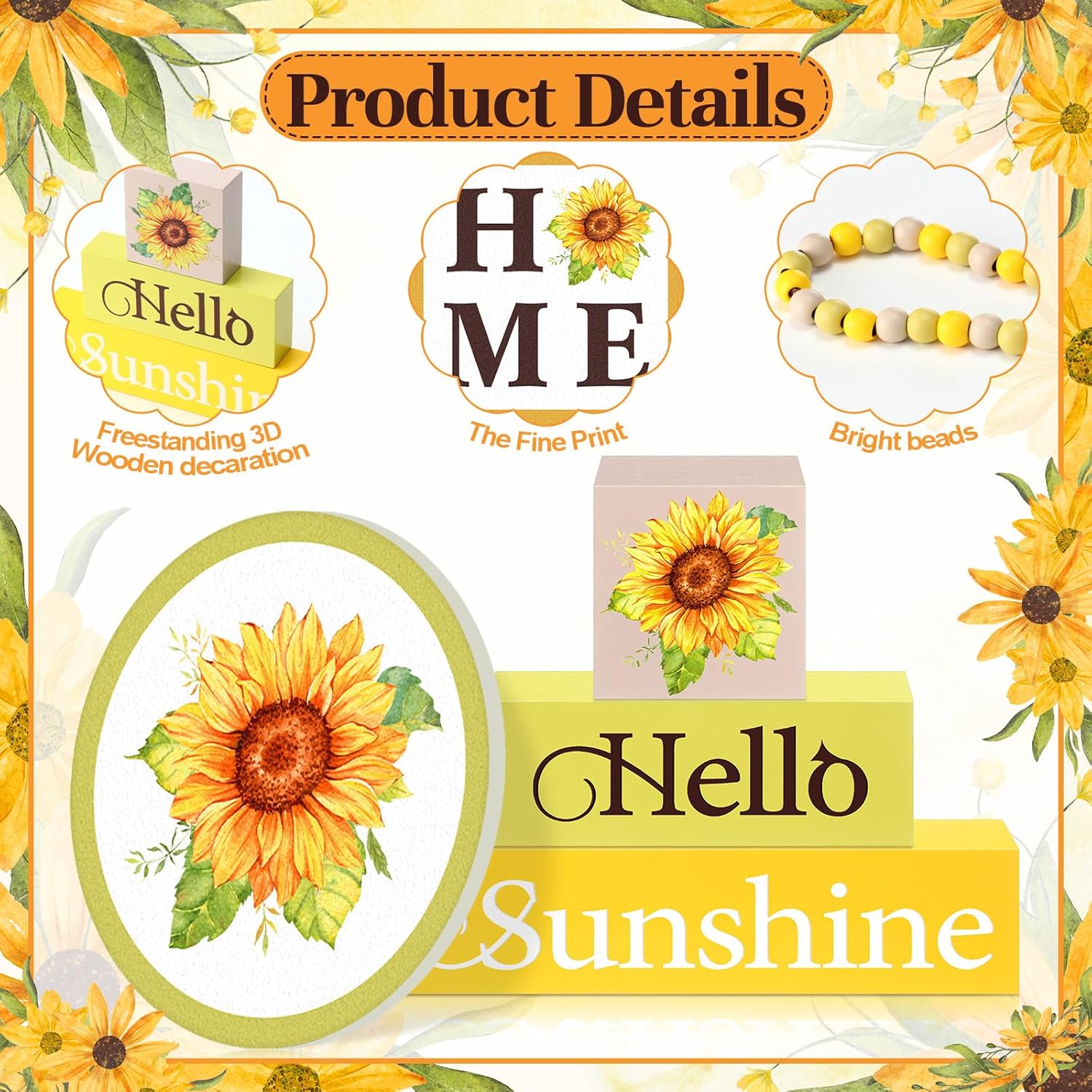 7 Pcs Sunflower Wooden Table Decorations, Farmhouse Tiered Tray Decor Rustic, Wood Block Signs Table Centerpieces Bead Garland For Kitchen Tabletop Housewarming