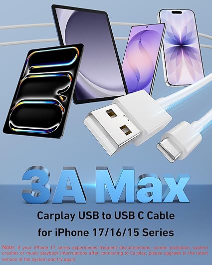 2 Pack 3FT USB A to USB C CarPlay Cable Fast Charging Cord for iPhone 17 16 Samsung Galaxy Pixel iPad