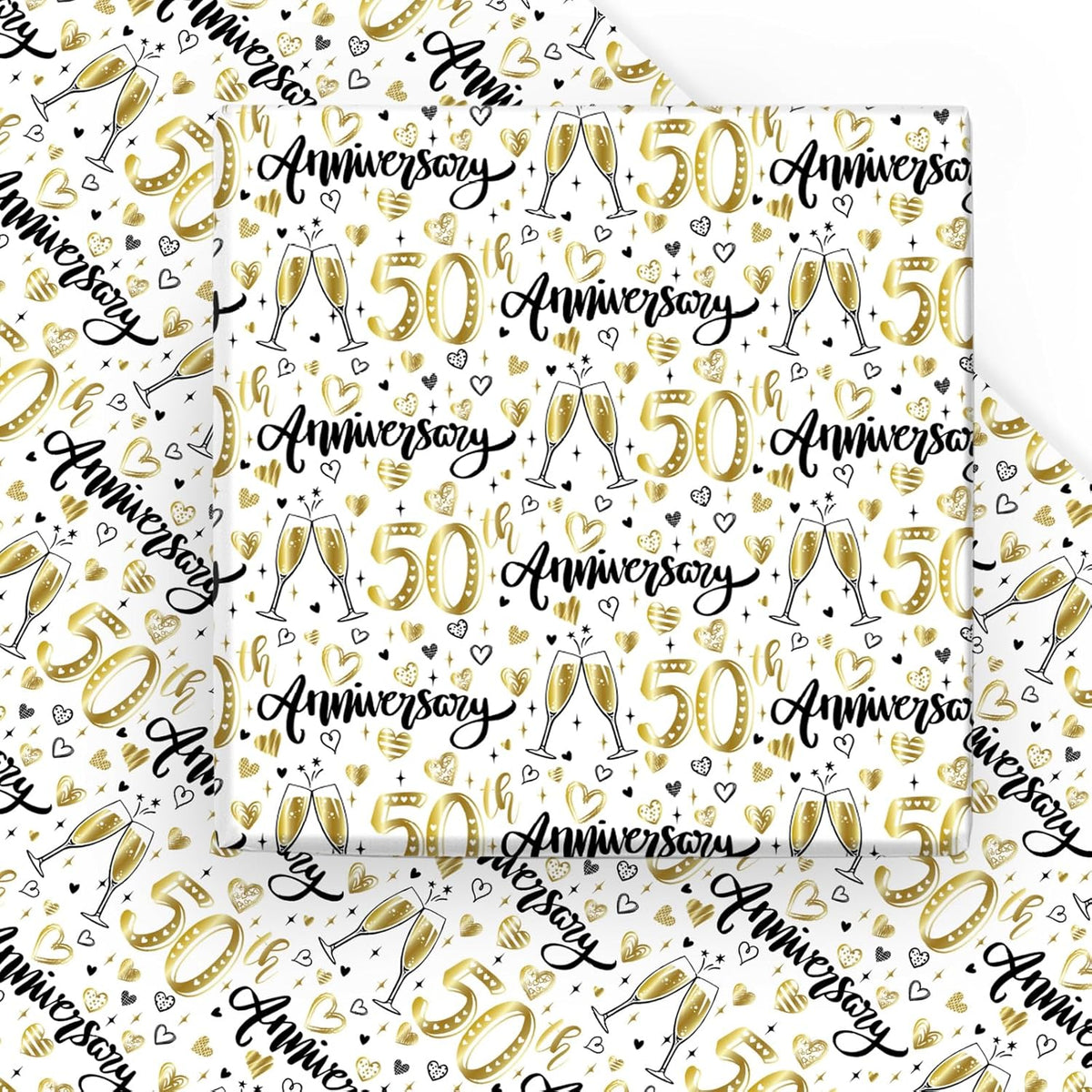 Wrapping Paper Sheet - 6 Sheets Gold 50Th Anniversary Design Folded Flat For Birthday, Party, Baby Showers - 19.7 Inch X 27.5 Inch Per Sheet
