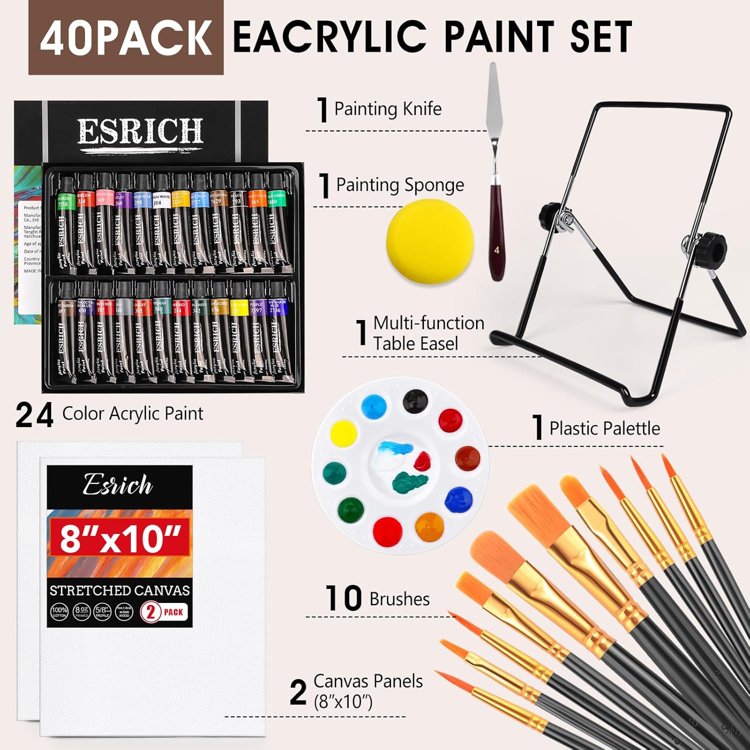 40Pcs Acrylic Paint Set, Art Painting Supplies Kit With 24 Paints, 2 Canvas Panels,10 Brushes, Table Metal Easel Etc, Premium Paint Set For Students, Artists And Beginner