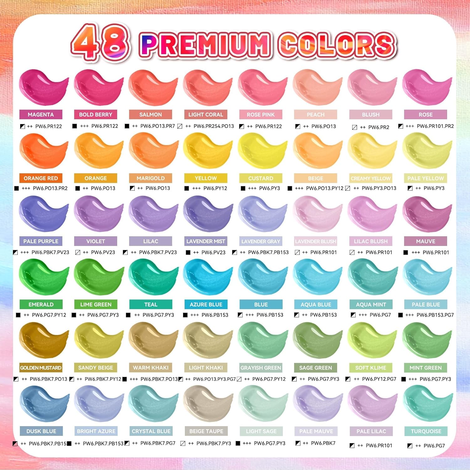 64 Pcs Pastel Acrylic Paint Set With 12 Brushes, 2 Knives & Palette, 48 Colors (2Oz/60Ml) - For Adults, Artists & Beginners - Canvas Ceramic Rock Wood Egg Painting Kit