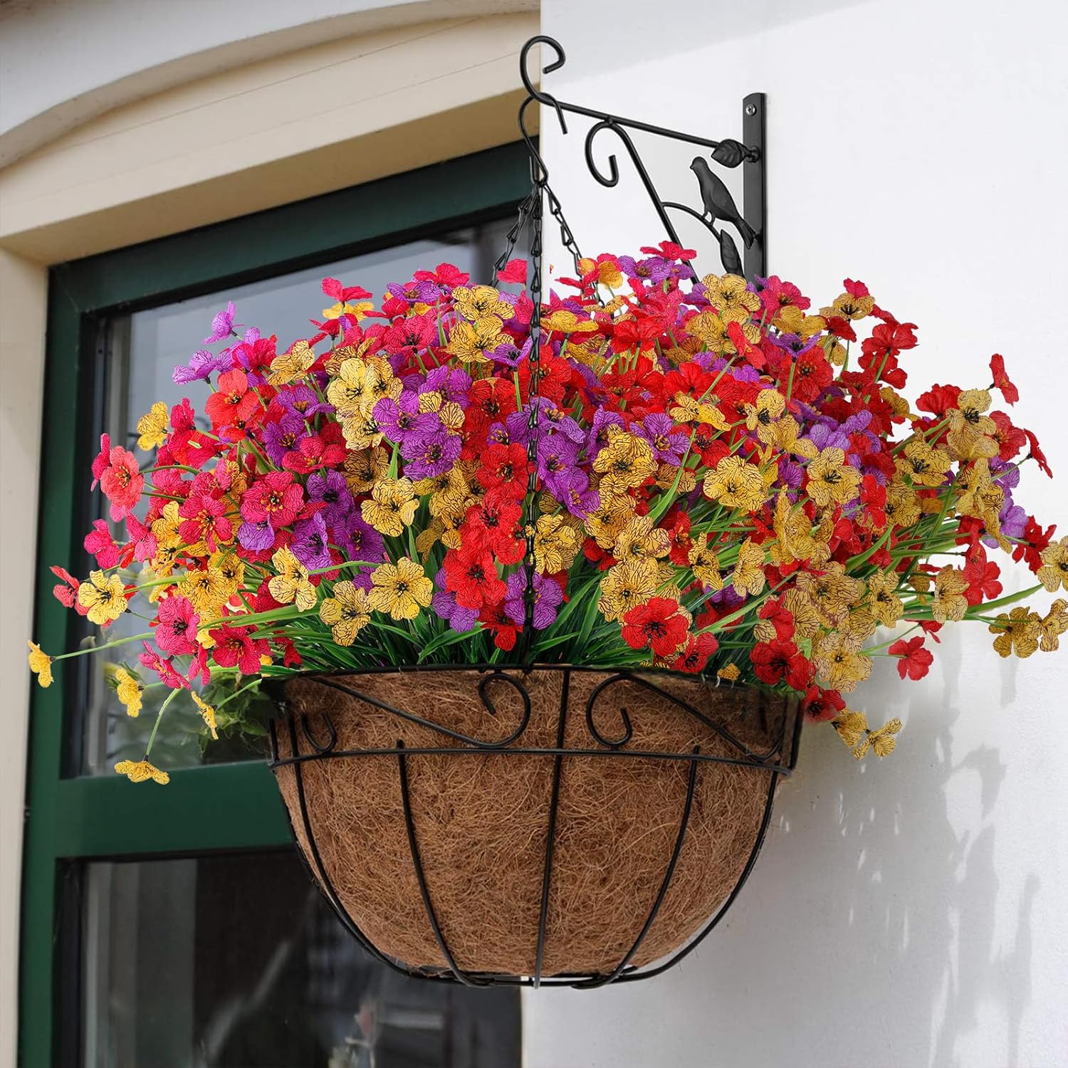 28 Bundles Artificial Flowers Outdoor Uv Resistant Fake Flowers Spring Faux Outdoor Plants Garden Porch Window Box Decorating (28, Red, Purple, Yellow, Rose Red)