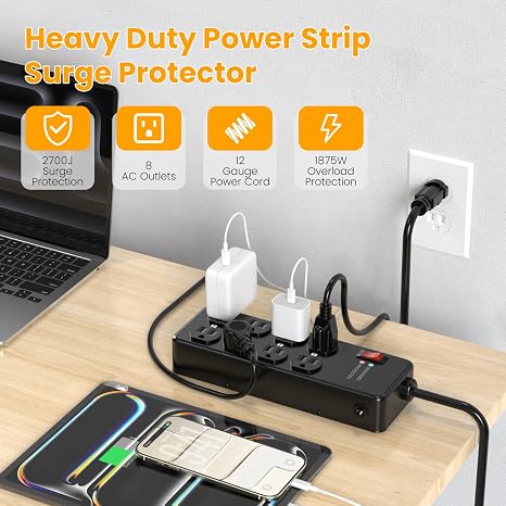 Magnetic Heavy Duty Power Strip 12 Gauge 6 Ft Extension Cord Black