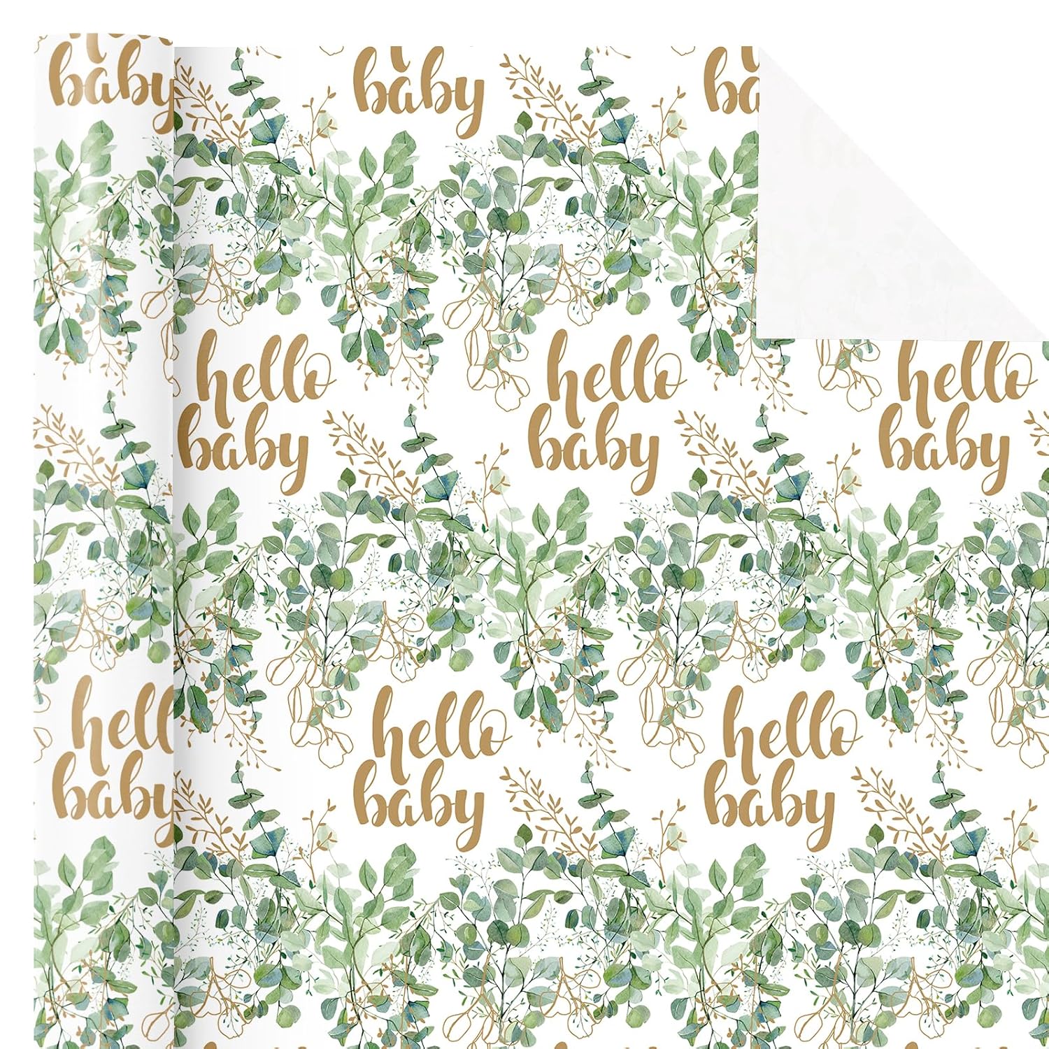 Neutral Baby Shower Wrapping Paper - Mini Roll - 17 Inch X 16.5 Feet - Hello Baby Eucalyptus Sage Green Wrapping Paper For Baby Shower, Baptism Gift Wrap, Kids Birthday