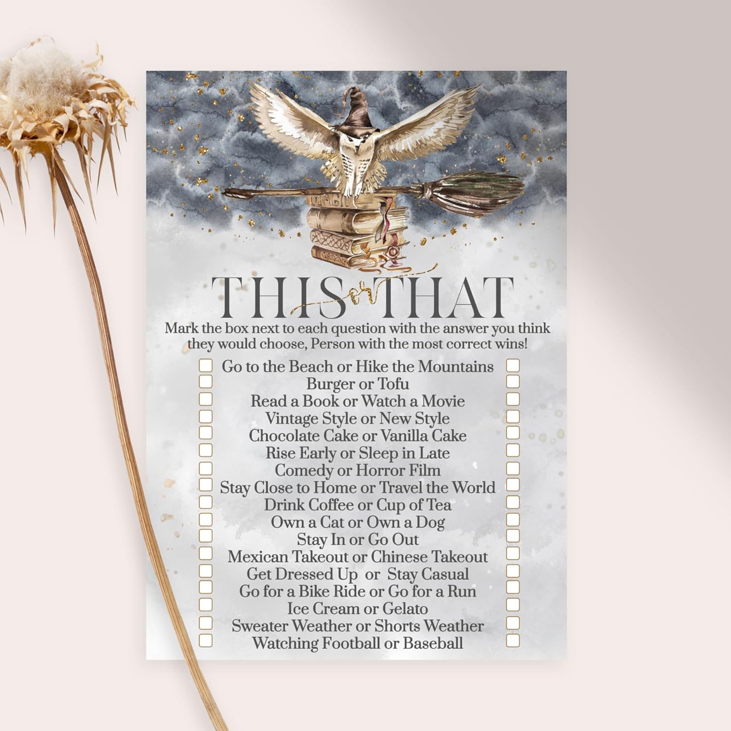 Magic Owl Bridal Shower Games - This Or That Game - 25 Card Pack - Fun For Graduation Parties, Rehearsal Dinners & Birthdays - Black & Gold Halloween Wizard Or Witch Design