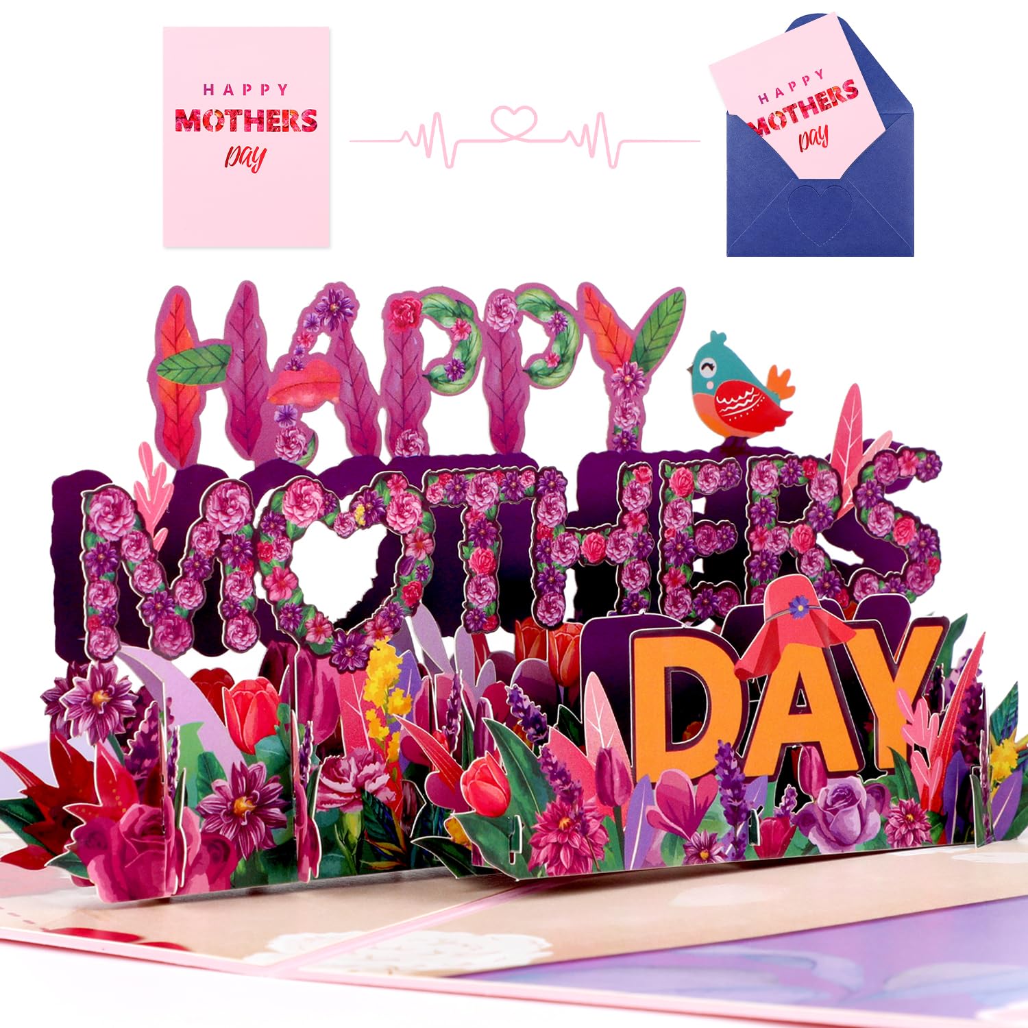Happy Mothers Day Pop Up Card, 3D Purple Flowers Mother’S Day Greeting Cards With Envelope Blank Message Card For Mom Women Wife Daughter Grandma