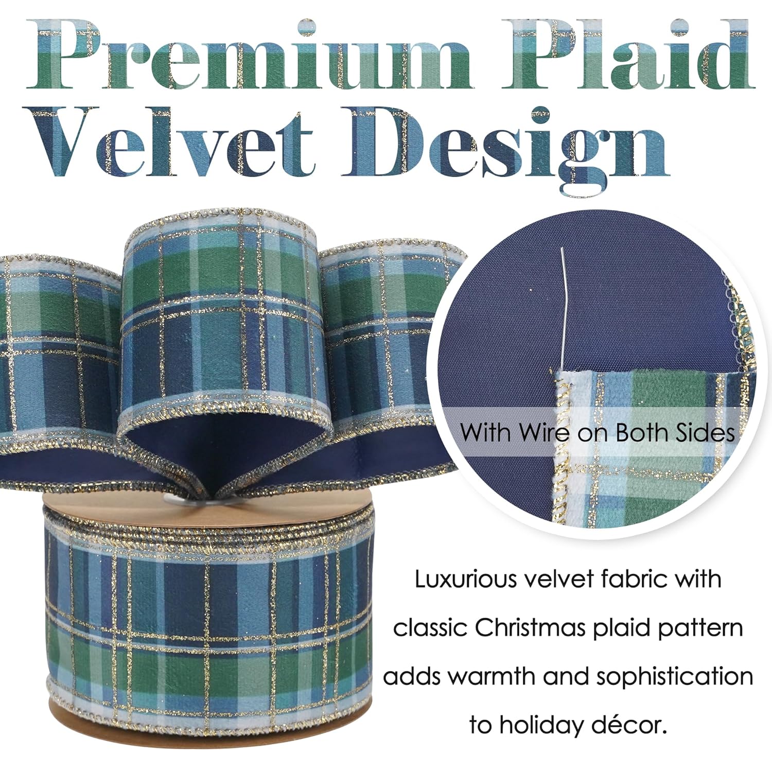 Blue And Green Plaid Christmas Ribbon 2.5 Inch Tartan Velvet Wired Ribbon For Christmas Tree, Garlands, Gift Wrapping, Wreaths, Mantel & Holiday Crafts- Continuous 10 Yards