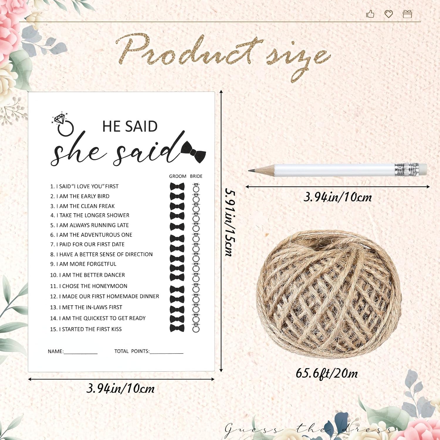 50 Pack He Said She Said Bridal Shower Game For 50 Guests, Include 50 Pcs Wedding Game Cards And 50 Pcs Pencils With Erasers For Wedding Shower Party Supplies (White)