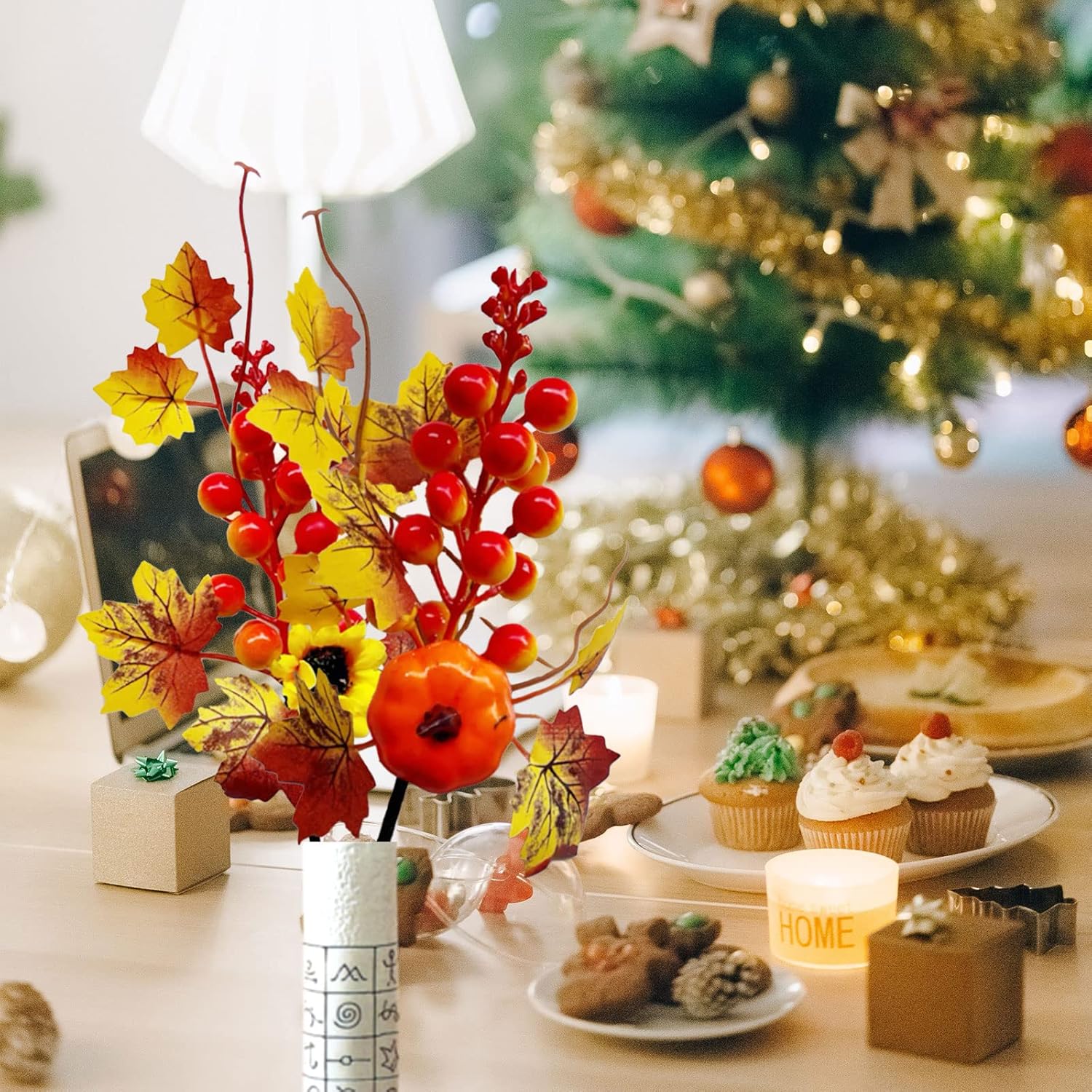 Hanture 6 Pcs Artificial Fall Berry Picks Fake Orange Pumpkin Stems Assorted Faux Maple Leaves Branches With Sunflower Pumpkin Autumn Floral Twigs Bouquet Thanksgiving Home Decor, B,D,F,A,C,E