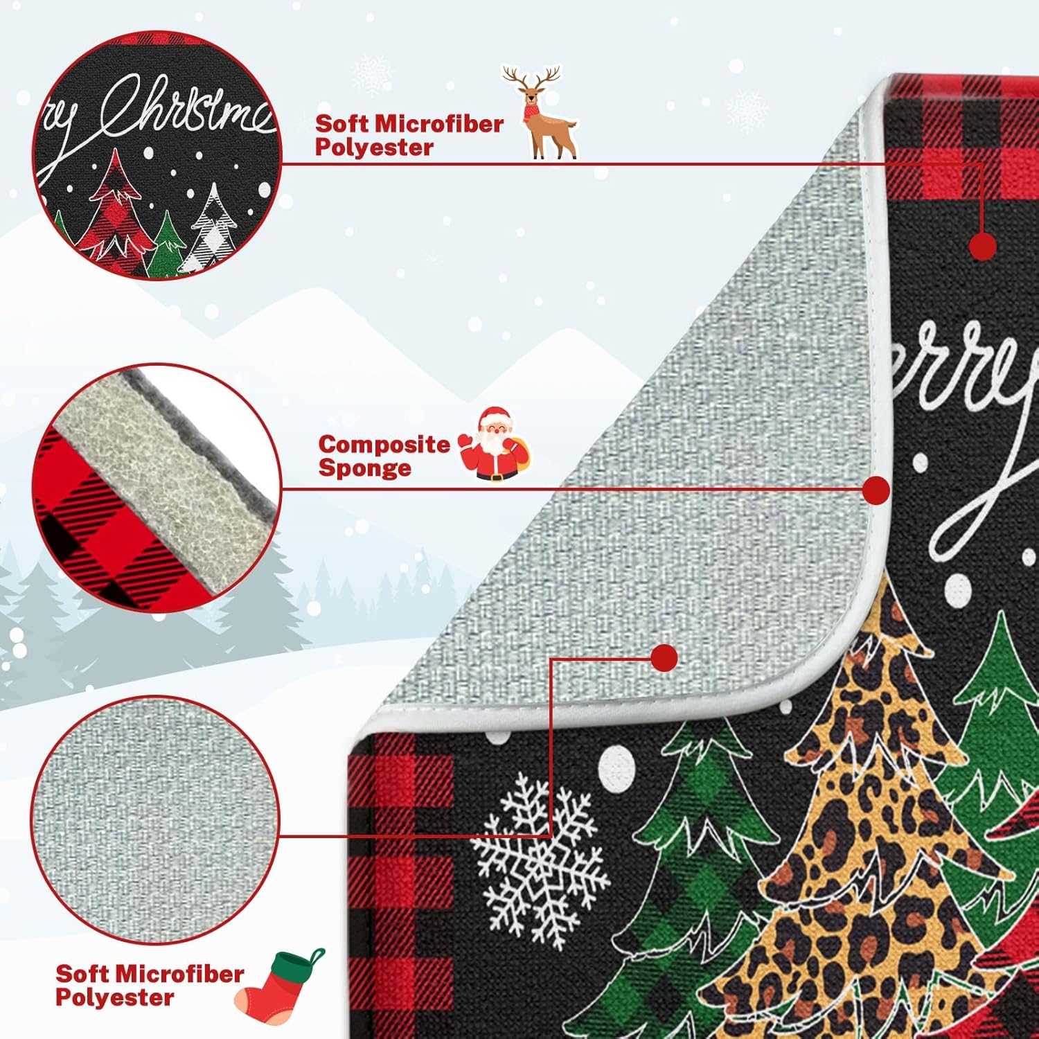 Absorbent Dish Drying Mat, Merry Christmas Microfiber Pad For Kitchen Counter, Winter Red Plad Tree For Coffee Bar Decor, Heat Resistant And Reversible, 18" X 24"