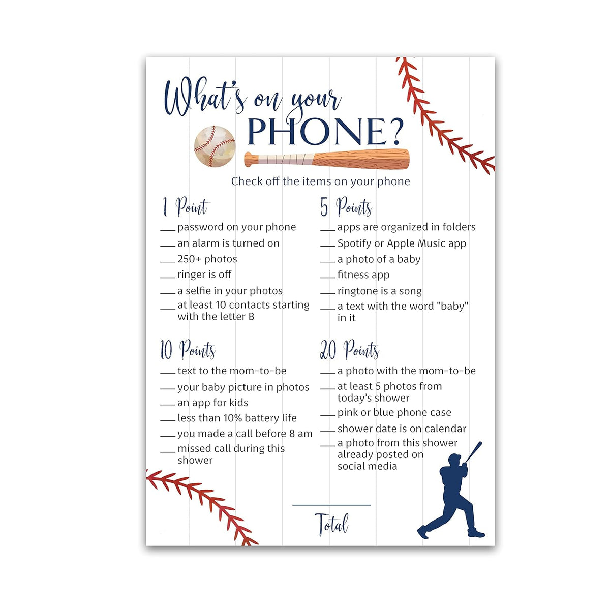Baseball Baby Shower Games — What'S On Your Phone Baby Shower Game — Pack Of 25, Rustic Sports Theme Navy Blue Boy, Little Slugger Shower Activity Gender Neutral Reveal Party G900-Phn