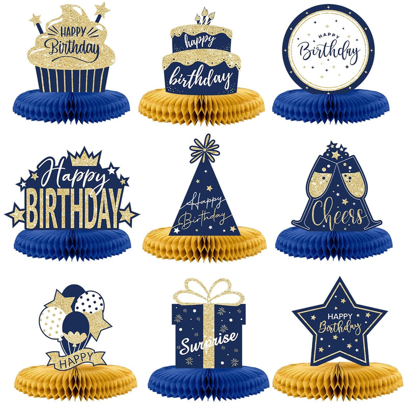 9Pcs Blue Gold Birthday Table Decorations, Happy Birthday Honeycomb Ce