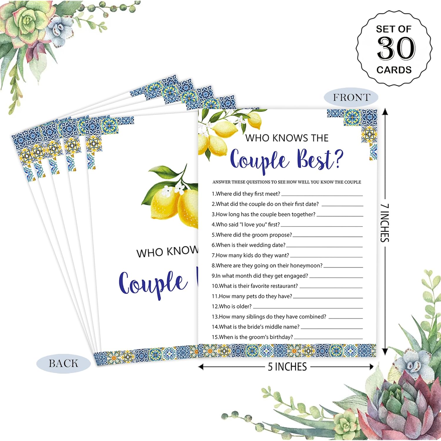 Blue Tiles And Lemons Who Knows The Couple Best Game For 30 Guests With Game Cards, Lemons Bridal Shower Game, Modern Bridal Shower Decorations, Wedding Shower Or Bachelorette Party Supplies - 02