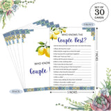 Blue Tiles And Lemons Who Knows The Couple Best Game For 30 Guests With Game Cards, Lemons Bridal Shower Game, Modern Bridal Shower Decorations, Wedding Shower Or Bachelorette Party Supplies - 02