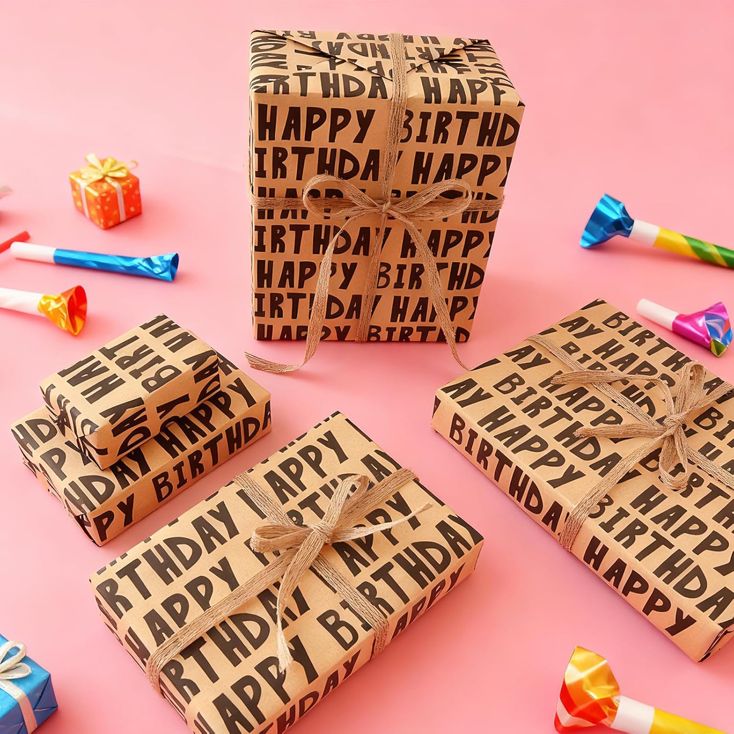 Kraft Birthday Wrapping Paper, 6 Sheets Gift Wrapping Paper-27.5 X 19.6 Inches Per Sheet, Classic Black Lettering Design Pattern For Men, Women, Boys