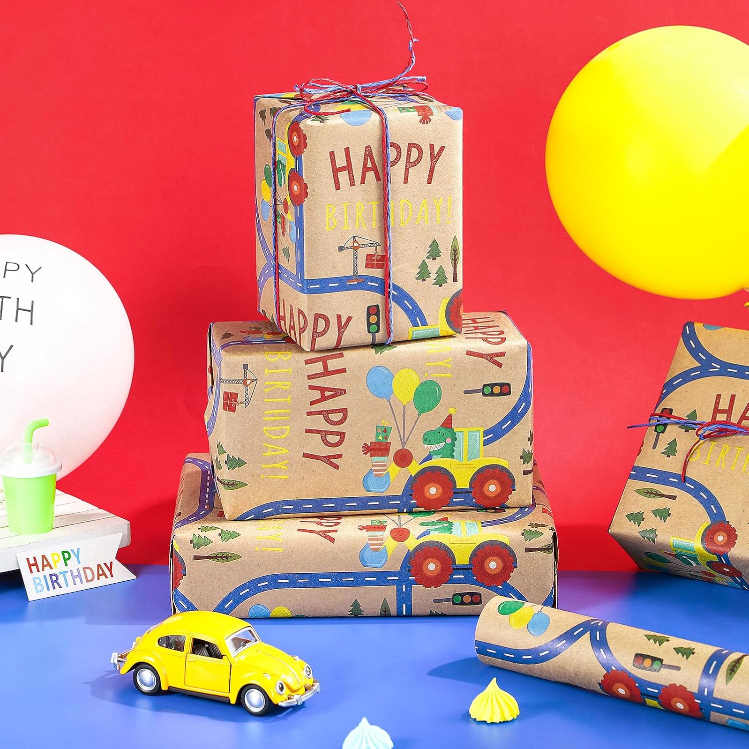 30" X 32.8' Dinosaur Birthday Wrapping Paper Large Kraft Paper Roll, Jumbo Roll, Coloful Dinosaur, Construction Vehicle And Happy Birthday Text Kraft Gift Wrap For Kids Boys Party, 82 Sq. Ft