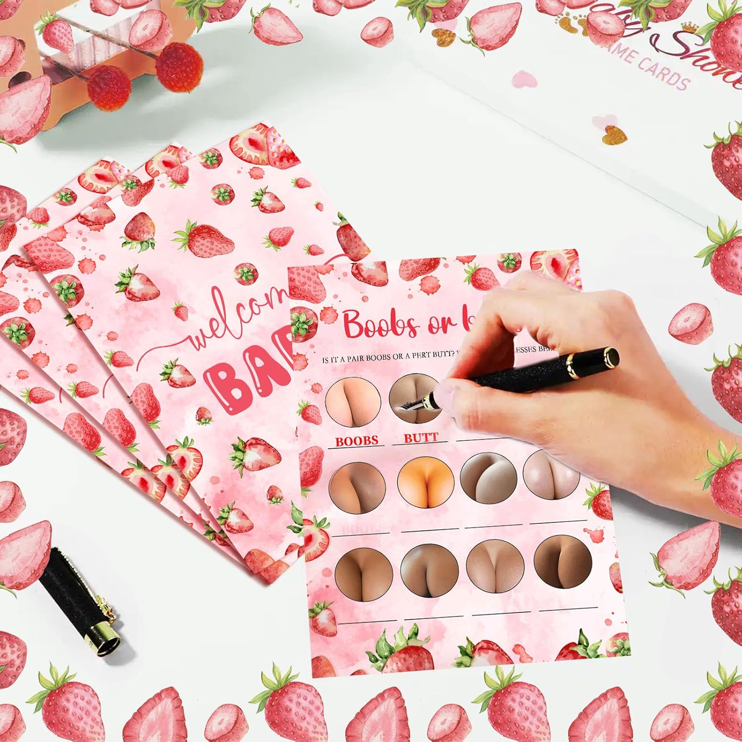 Pink Berry Sweet Baby Shower Decorations, 30Pcs Strawberry Baby Shower Games, Boobs Or Butts Baby Shower Game, Baby Shower Party Games Supplies & Activities