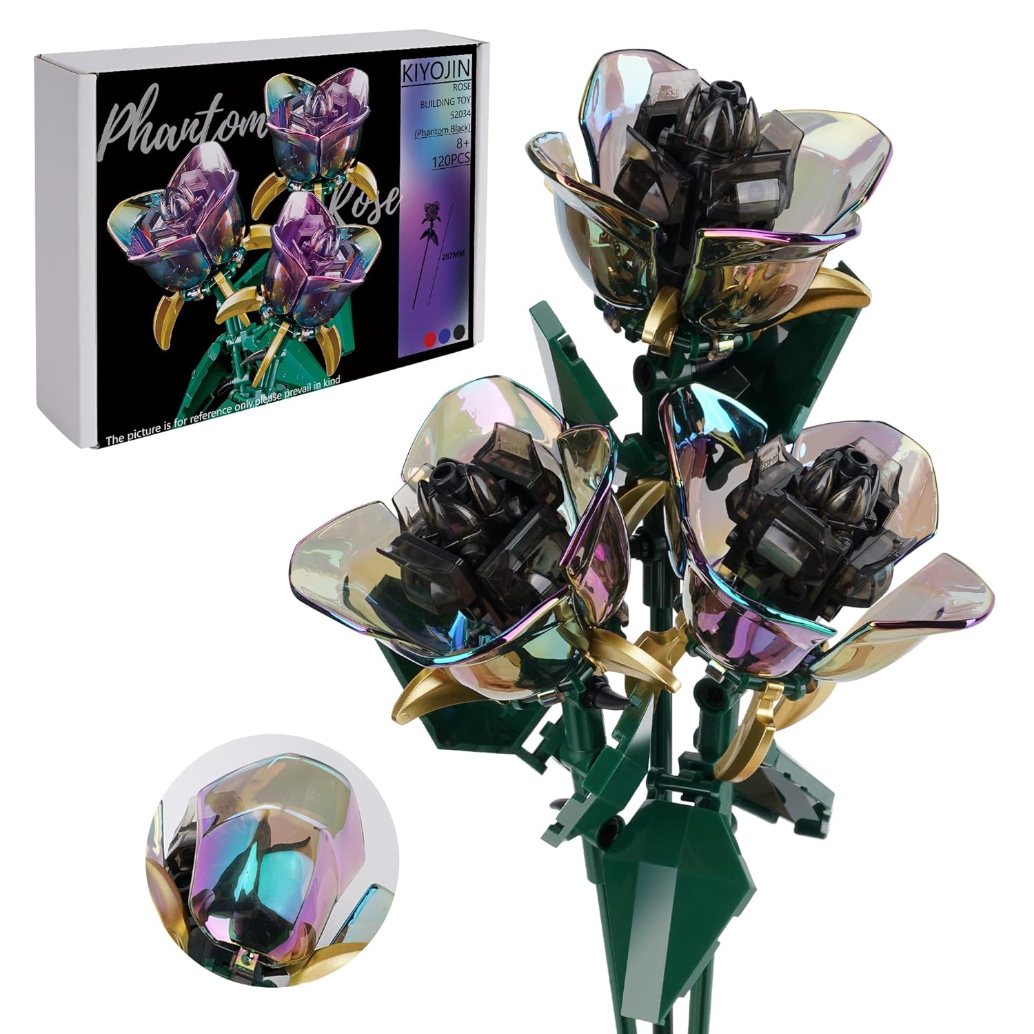 Rose Flower Bouquet Building Set,Botanical Collection Rainbow Artificial Plant Compatible With Lego Gift For Adult Home Decor(Black 120Pcs)