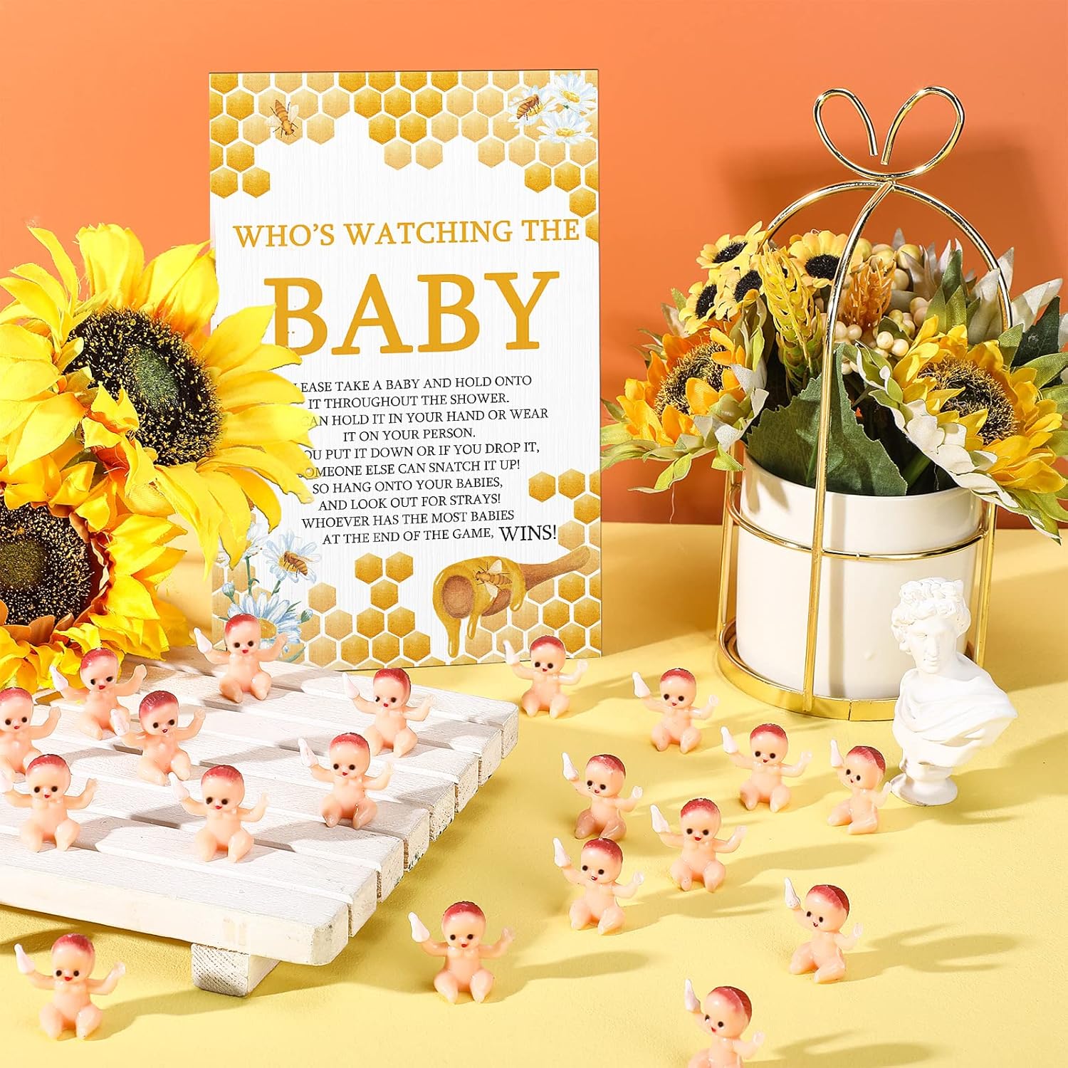 51 Pcs Cool Baby Shower Games Who'S Watching The Baby Sign Wooden Gift Sets Gender Reveal Party Favors 50 Tiny Plastic Babies Small Mini For Party Decors(Bee)