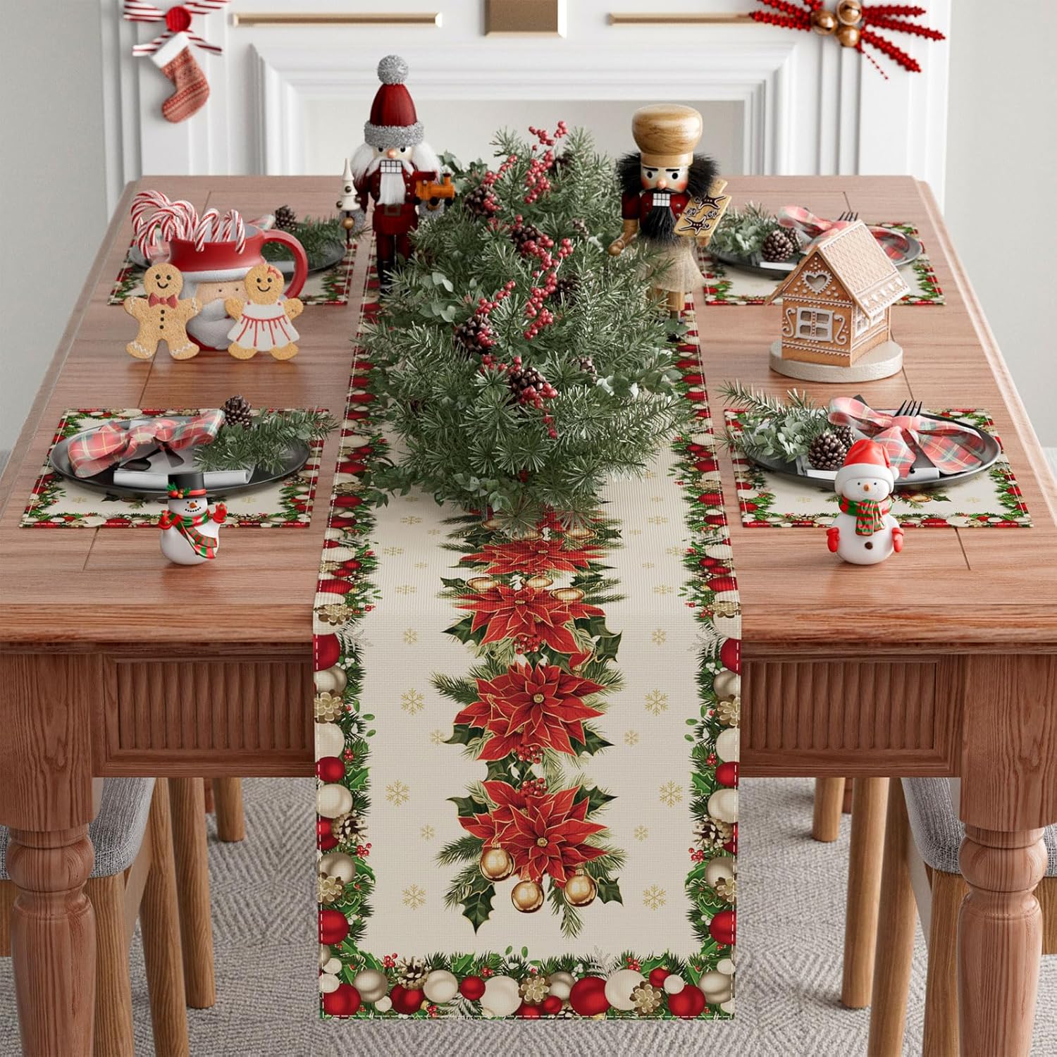 Christmas Poinsettias Leaves Bells Snowflakes Winter Xmas Table Runner Table Decoration For Home Kitchen Dining Holiday Decor 13X72 Inch