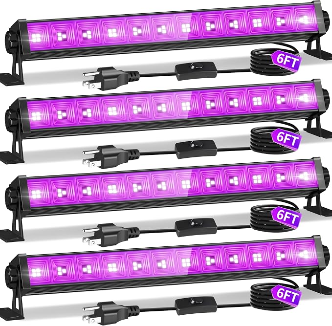 4 Pack 45W LED Black Light Bar UV Flood Light with Switch for Glow Party Halloween Neon Decor